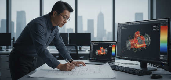 Senior mechanical engineer manually reviewing blueprints to override a flawed automated digital quote