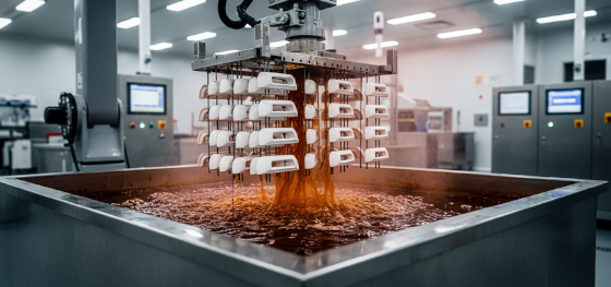 Robotic hoist lowering white plastic emblems into boiling chromic acid to etch microscopic pores