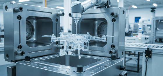 Automated robotic arm extracting a flawless polycarbonate drone chassis from a polished steel tool