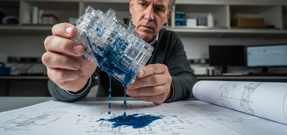 Senior technician examining a printed clear resin fluid block leaking dark blue pressurized liquid through microscopic pores