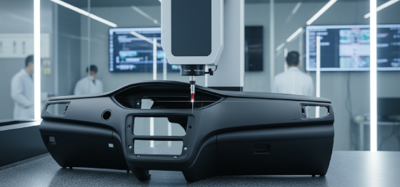 Automated CMM using a ruby probe verifying critical mounting hole tolerances on a printed automotive dashboard