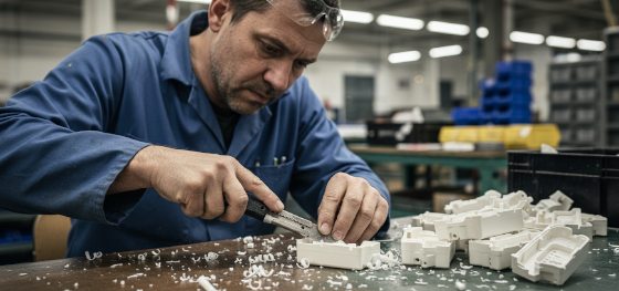 Factory technician manually scraping excess polymer bleed from medical device casings using a utility knife