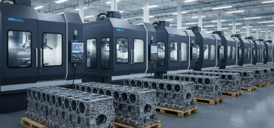 Expansive manufacturing floor showing rows of enclosed robotic milling centers producing automotive parts