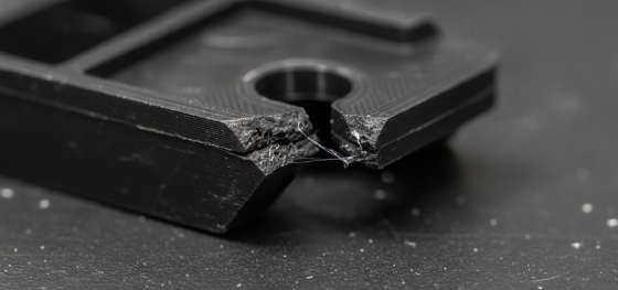 Shattered plastic mounting bracket exhibiting a severe sheer fracture after aggressive mechanical drop testing