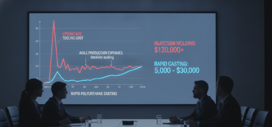 Digital chart comparing massive injection molding costs against agile rapid polyurethane casting