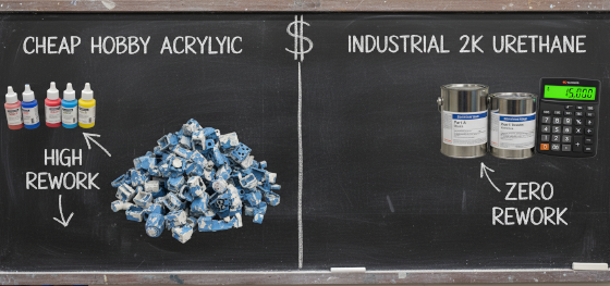 Cost analysis board comparing cheap hobby paints with high rework rates against industrial 2K urethane coatings
