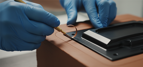 Technician trimming industrial clay around a CNC prototype to define a precise parting plane boundary