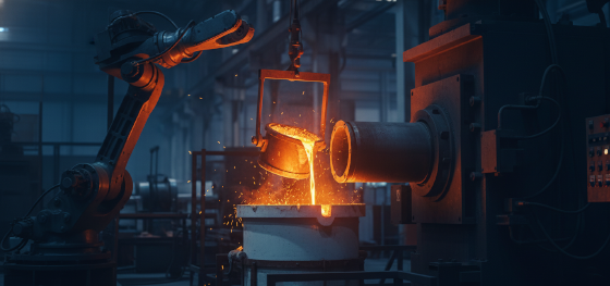 robotic ladle pouring molten metal in a cold chamber manufacturing setup