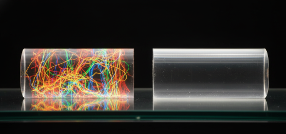 Polarized light visualization comparing a highly stressed extruded polymer rod against a stress-relieved cast billet
