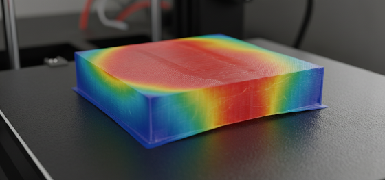 Thermal heatmap showing uneven cooling and severe corner warping in a thick extruded plastic block