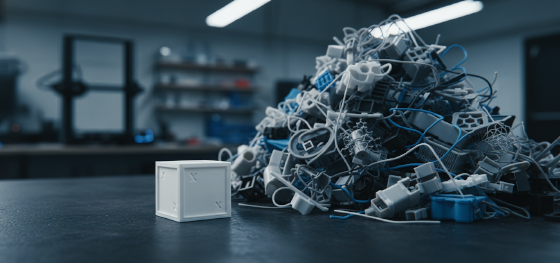 Perfect 3D printed calibration cube sitting next to a pile of rejected and deformed plastic components