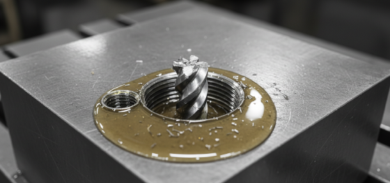 Broken carbide tap stuck inside a tough metal block surrounded by thick cutting fluid