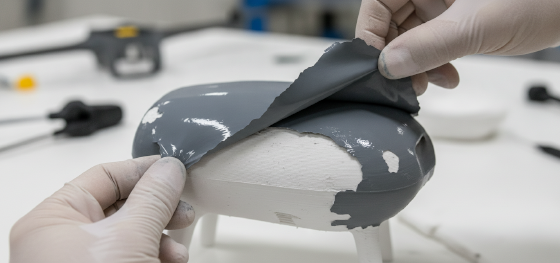 Technician aggressively sandblasting a raw metal bracket to create microscopic bonding textures