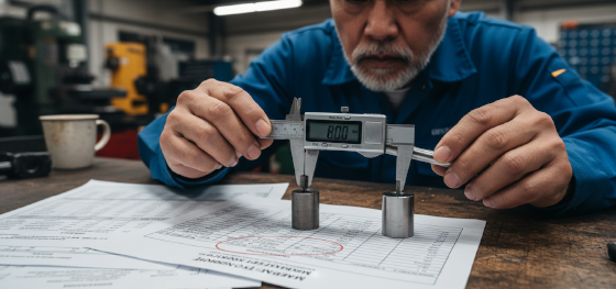 Senior engineer reviewing material test reports and comparing visually identical parts made from different alloys