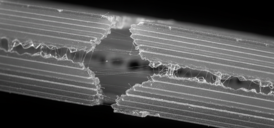 Magnified cross section of extruded plastic demonstrating weak horizontal layer bonds under tension