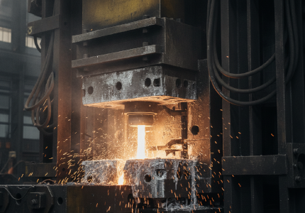 Heavy cold chamber machine violently injecting molten aluminum into a massive steel cavity.png