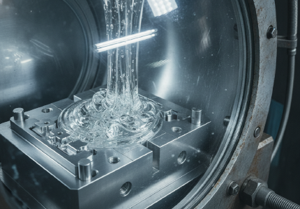 Liquid silicone pouring into an aluminum mold inside a heavy vacuum chamber.png