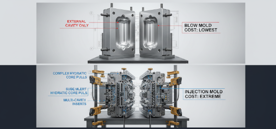 Cost analysis board comparing inexpensive aluminum blow molds against massively expensive steel injection tools