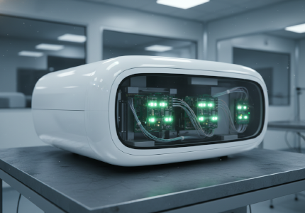 massive sleek white clinical equipment casings protecting internal electronics.png