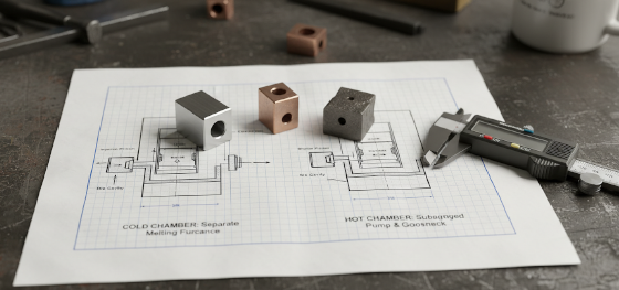 comparing hot and cold chamber machine schematics for metal production