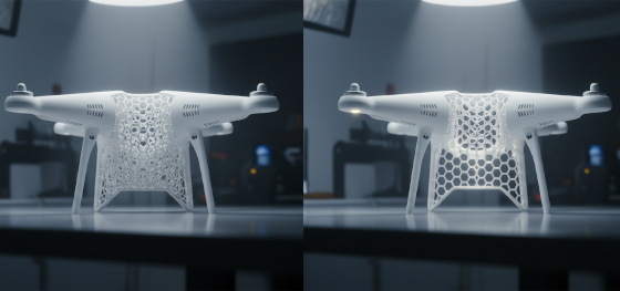 Comparison between a heavy solid drone shell and an optimized internal honeycomb structure