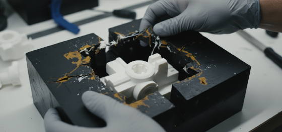 Exhausted silicone mold exhibiting severe thermal tearing after twenty industrial casting cycles