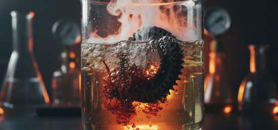 Solid iron gear dissolving violently inside an acidic bath demonstrating incorrect chemical processes