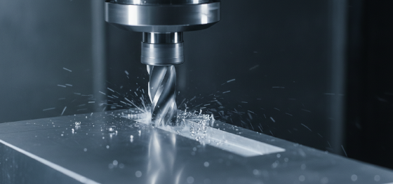 spinning steel drill bit carving clean slots on metal block