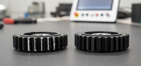 Comparison between a poorly hand-trimmed plastic gear and a flawless factory-grade component