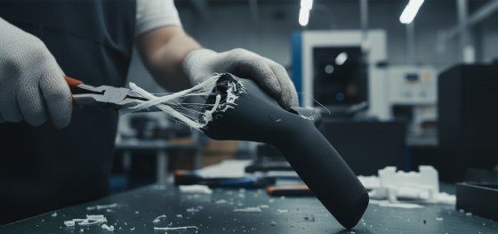 Technician tearing rigid support structures away from a soft rubber drone grip causing severe surface damage Technician tearing rigid support structures away from a soft rubber drone grip causing severe surface damage