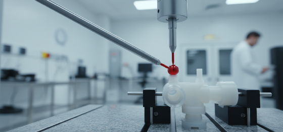 Automated CMM with a ruby probe verifying micron level tolerances on a polymer fluid manifold