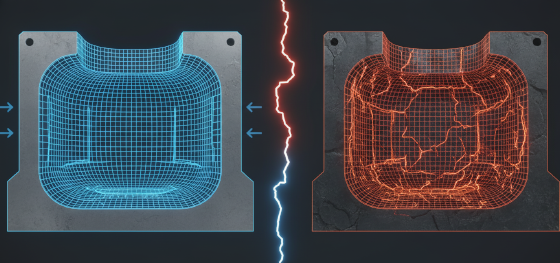 Cross-section comparing the metal density of rapidly machined aluminum cavities versus heat-treated tool steel