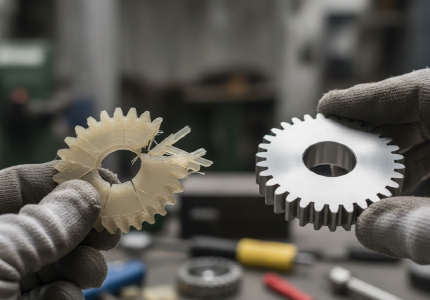 Mechanical engineer comparing a shattered printed gear against a flawless machined metal gear.png