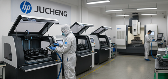 Industrial HP MJF 3D printers operating seamlessly alongside CNC post-processing machines in Jucheng Shenzhen