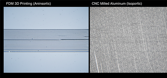 Microscopic comparison of anisotropic FDM 3D printing layers versus isotropic solid CNC machined aluminum