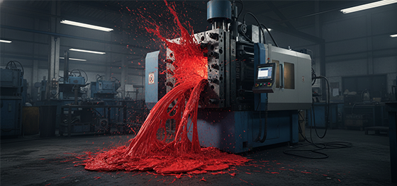 Catastrophic plastic flash erupting from a massive mold mounted on an under-tonnage injection press