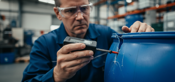 Senior QC engineer measuring a dangerously thin ruptured corner on a blown industrial plastic drum