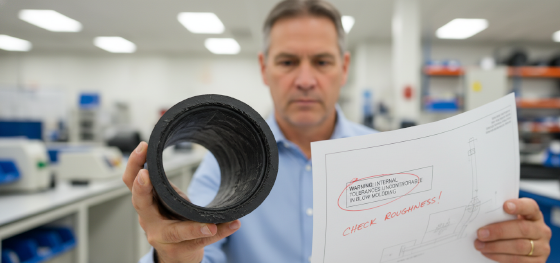 QC engineer inspecting the rough internal surface of a sliced blow molded pipe against an engineering blueprint