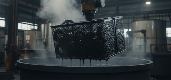 Freshly machined steel sprockets dipping into boiling caustic chemicals for dark matte finishes