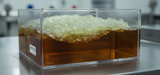 Expired industrial liquid resin exhibiting severe chemical separation inside a manufacturing vat Expired industrial liquid resin exhibiting severe chemical separation inside a manufacturing vat
