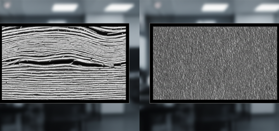 Microscopic comparison displaying weak stacked filament layers against a dense monolithic crystalline polymer billet