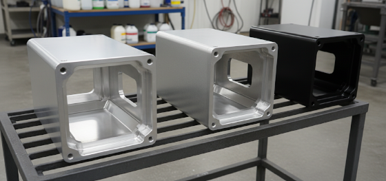 Three machined metal enclosures demonstrating raw bead blasted and black hard anodized industrial finishes