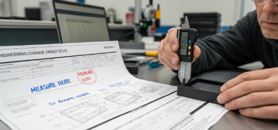 Senior QC engineer measuring a textured injection-molded part and reviewing an engineering change order blueprint