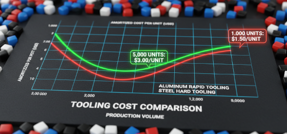Manufacturing cost curve graph comparing NRE amortization of rapid tooling versus hard steel molds