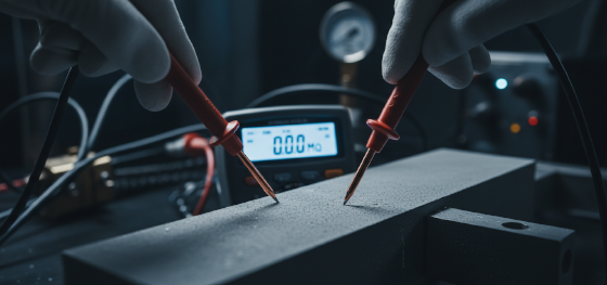 Electrical multimeter pressing probes against a thick oxide coating displaying absolute zero conductivity