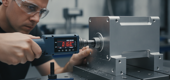 Technician using a digital torque wrench measuring extreme kinetic stress limits on a chassis