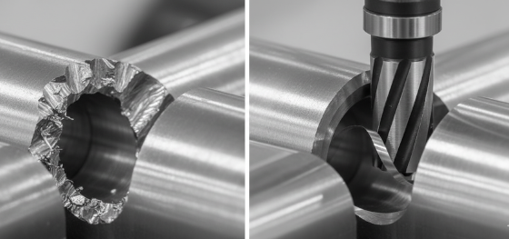 Microscopic comparison of rough twist drill hole surfaces versus mirror-smooth reamed internal cylinders