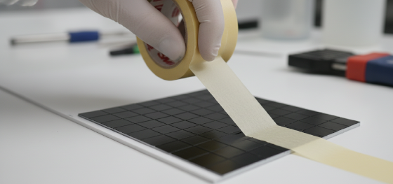 QC engineer performing a cross-hatch adhesion test with 3M tape on a painted plastic prototype