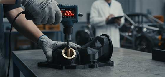 Engineer using a digital torque wrench to test the pull-out strength of a brass insert inside a 3D printed manifold