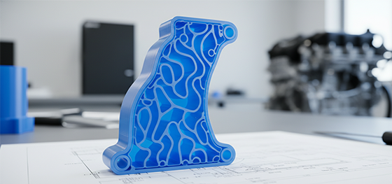 Cross-section of a 3D printed automotive coolant distributor revealing complex internal conformal cooling channels
